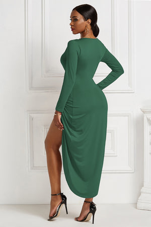 High-low Ruched Surplice Long Sleeve Dress-Teresa's Fashionista LLC