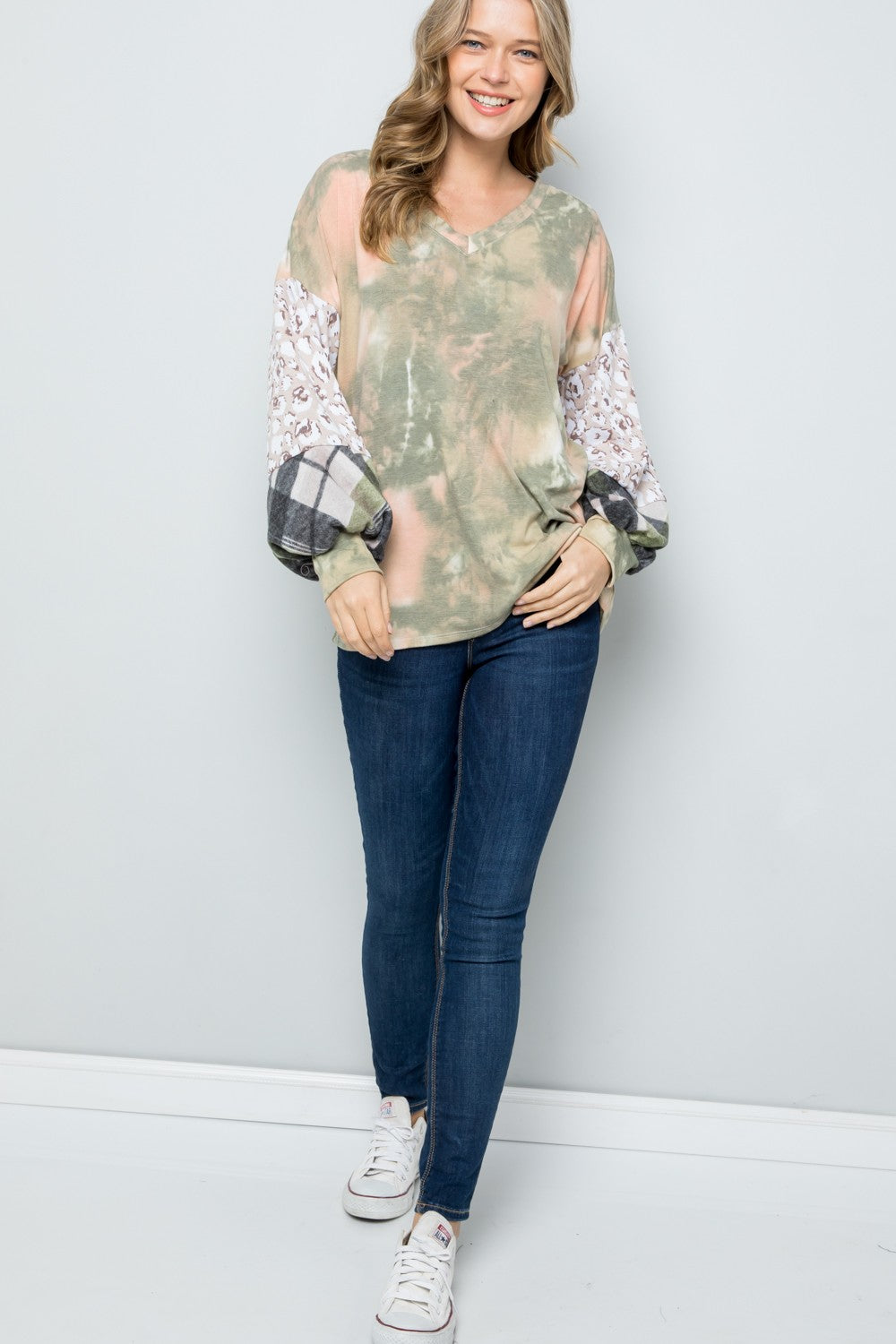 Celeste Full Size Tie-Dye V-Neck Printed Sleeve Blouse - Teresa's Fashionista LLC