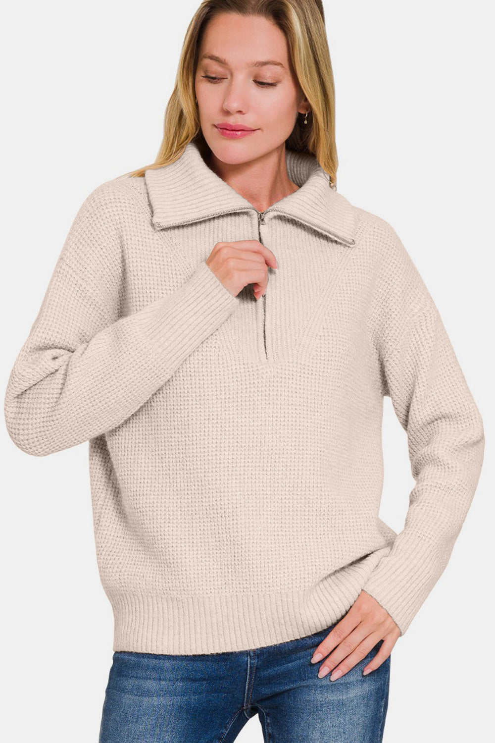 Zenana Half Zip Long Sleeve Sweater - Teresa's Fashionista LLC