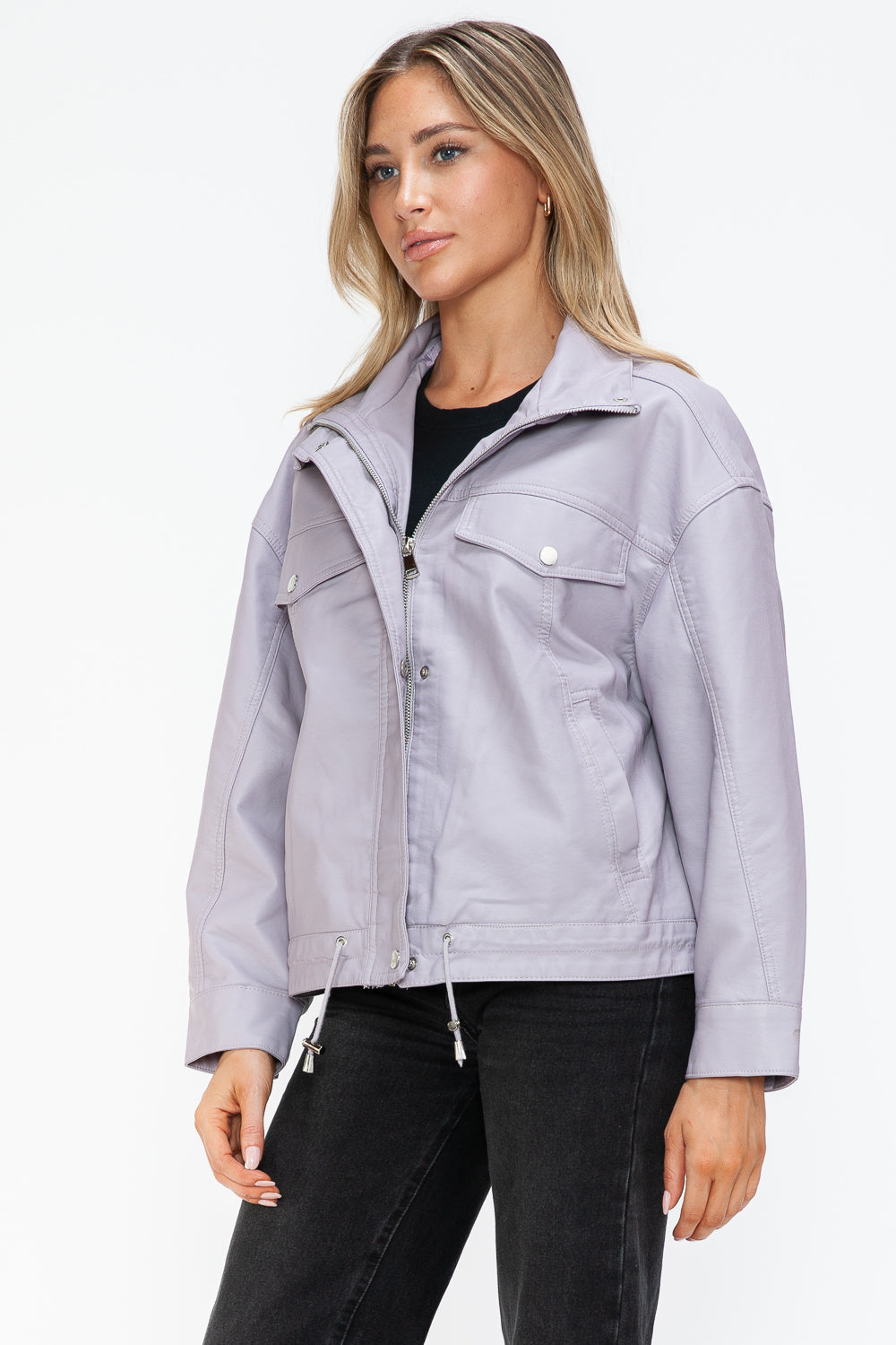 How Dare U Drawstring Hem PU Leather Zip Up Jacket - Teresa's Fashionista LLC