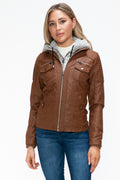YMI Removable Faux Layered Multi-Pocket Jacket with Fuzzy Hood - Teresa's Fashionista LLC