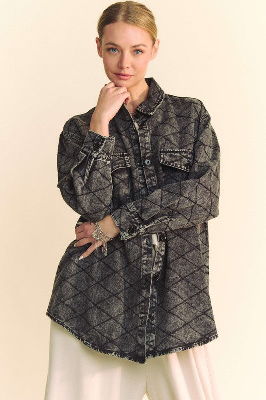Davi & Dani Curved Hem Diamond Quilted Button Up Denim Shacket - Teresa's Fashionista LLC