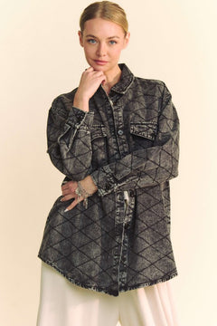 Davi & Dani Curved Hem Diamond Quilted Button Up Denim Shacket - Teresa's Fashionista LLC