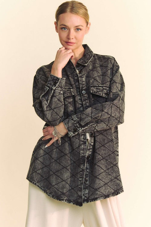 Davi & Dani Curved Hem Diamond Quilted Button Up Denim Shacket - Teresa's Fashionista LLC