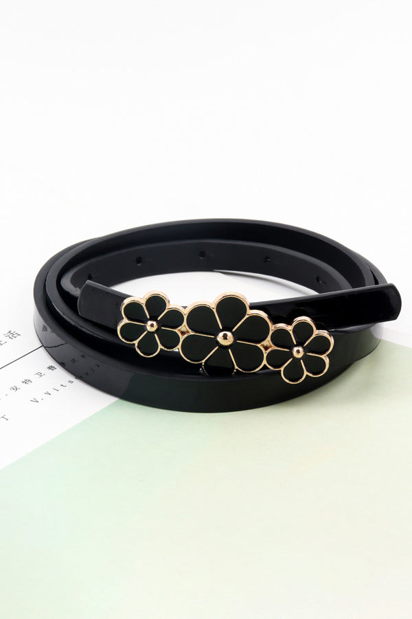 Flower Decor Skinny PU Belt-Teresa's Fashionista LLC