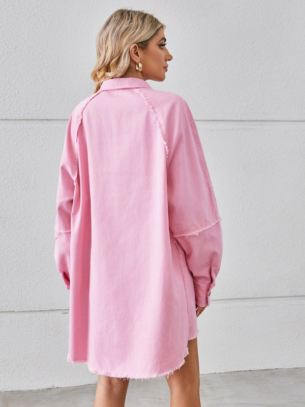 Raw Hem Button Up Denim Dress-Teresa's Fashionista LLC