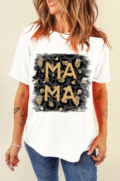 MAMA Round Neck Short Sleeve T-Shirt with graphic print, casual style.