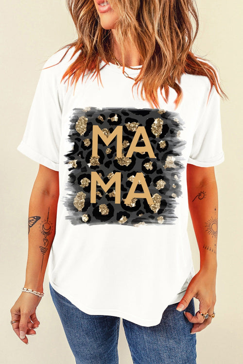 MAMA Round Neck Short Sleeve T-Shirt with graphic print, casual style.