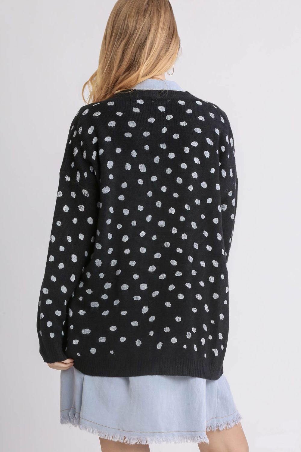 Umgee Polka Dot Open Front Drop Shoulder Cardigan - Teresa's Fashionista LLC