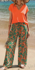 Women's Solid V-Neck Short Sleeve Top And Botanical Print Pants - Teresa's Fashionista LLC
