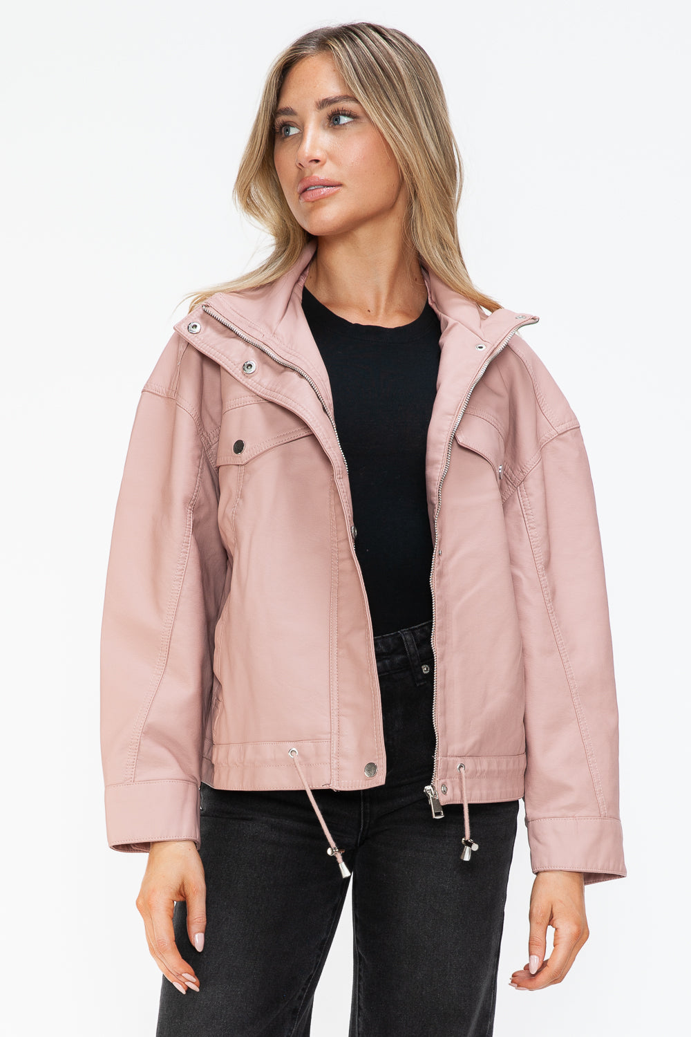 How Dare U Drawstring Hem PU Leather Zip Up Jacket - Teresa's Fashionista LLC
