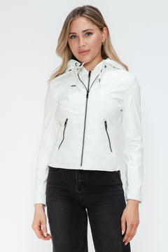 Snobbish Faux Leather Zip Up Drawstring Hooded Jacket - Teresa's Fashionista LLC