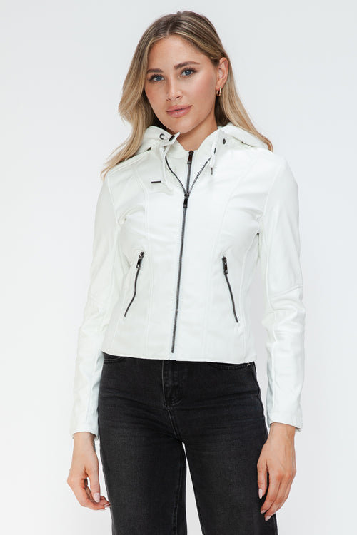 Snobbish Faux Leather Zip Up Drawstring Hooded Jacket - Teresa's Fashionista LLC