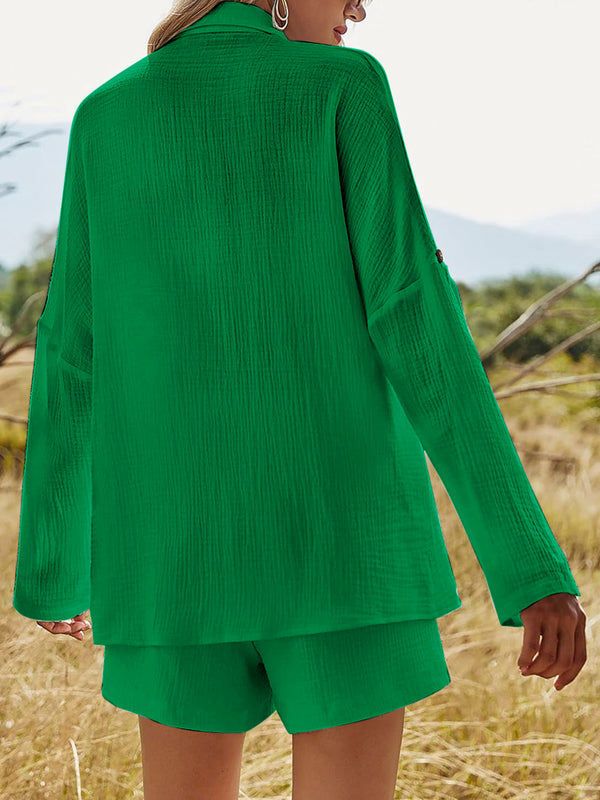 Texture Button Up Shirt and Shorts Set-Teresa's Fashionista LLC