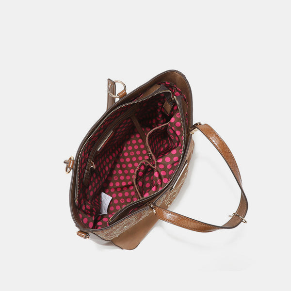 Nicole Lee USA Metallic Stitching Embroidery Inlaid Rhinestone Tote Bag-Teresa's Fashionista LLC