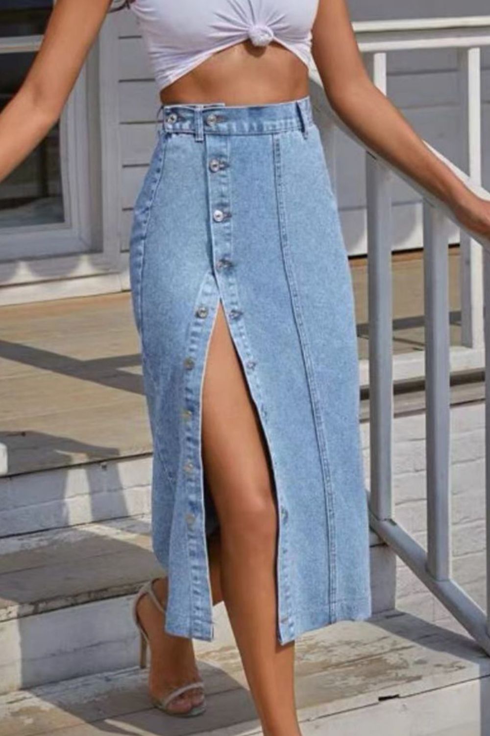 Buttoned Split Denim Skirt-Teresa's Fashionista LLC