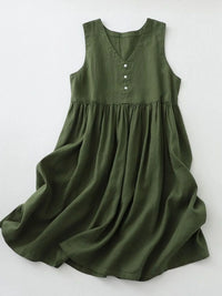 V-Neck Button Detail Sleeveless Midi Dress