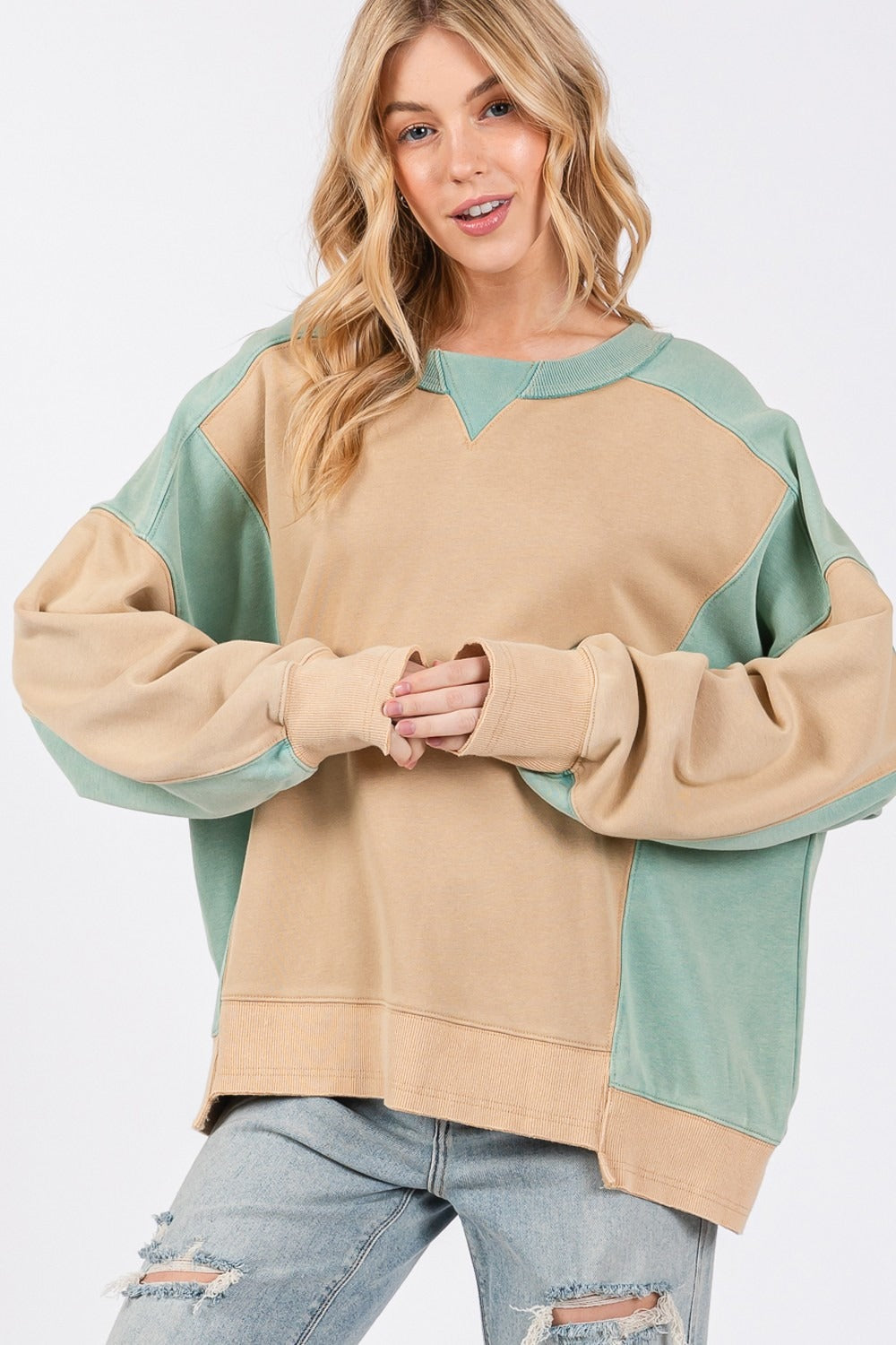 SAGE + FIG Color Block Round Neck Sweatshirt - Teresa's Fashionista LLC