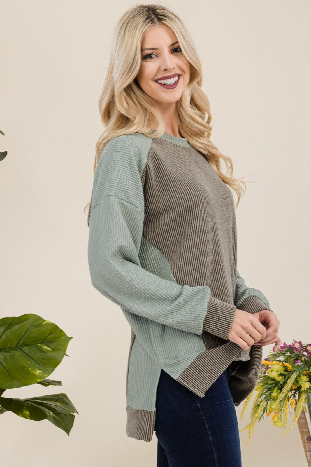 Celeste Full Size High-Low Contrast Round Neck Sweatshirt - Teresa's Fashionista LLC