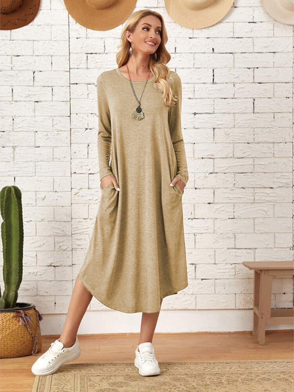 Pocketed Round Neck Long Sleeve Tee Dress-Teresa's Fashionista LLC