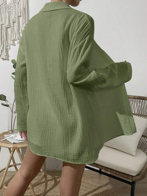 Dropped Shoulder Button Up Top and Elastic Waist Shorts Set-Teresa's Fashionista LLC
