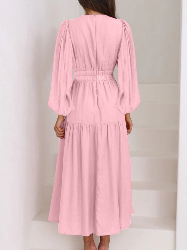 Deep V-Neck Balloon Sleeve Plain Maxi Dress-Teresa's Fashionista LLC