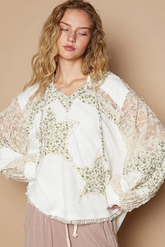 POL Star Patch Lace Contrast Long Sleeve Hooded Top - Teresa's Fashionista LLC