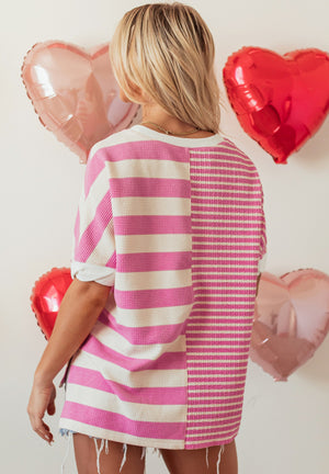 High-Low Striped Round Neck Short Sleeve T-Shirt - Teresa's Fashionista LLC