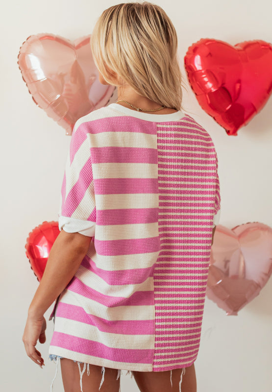 High-Low Striped Round Neck Short Sleeve T-Shirt - Teresa's Fashionista LLC