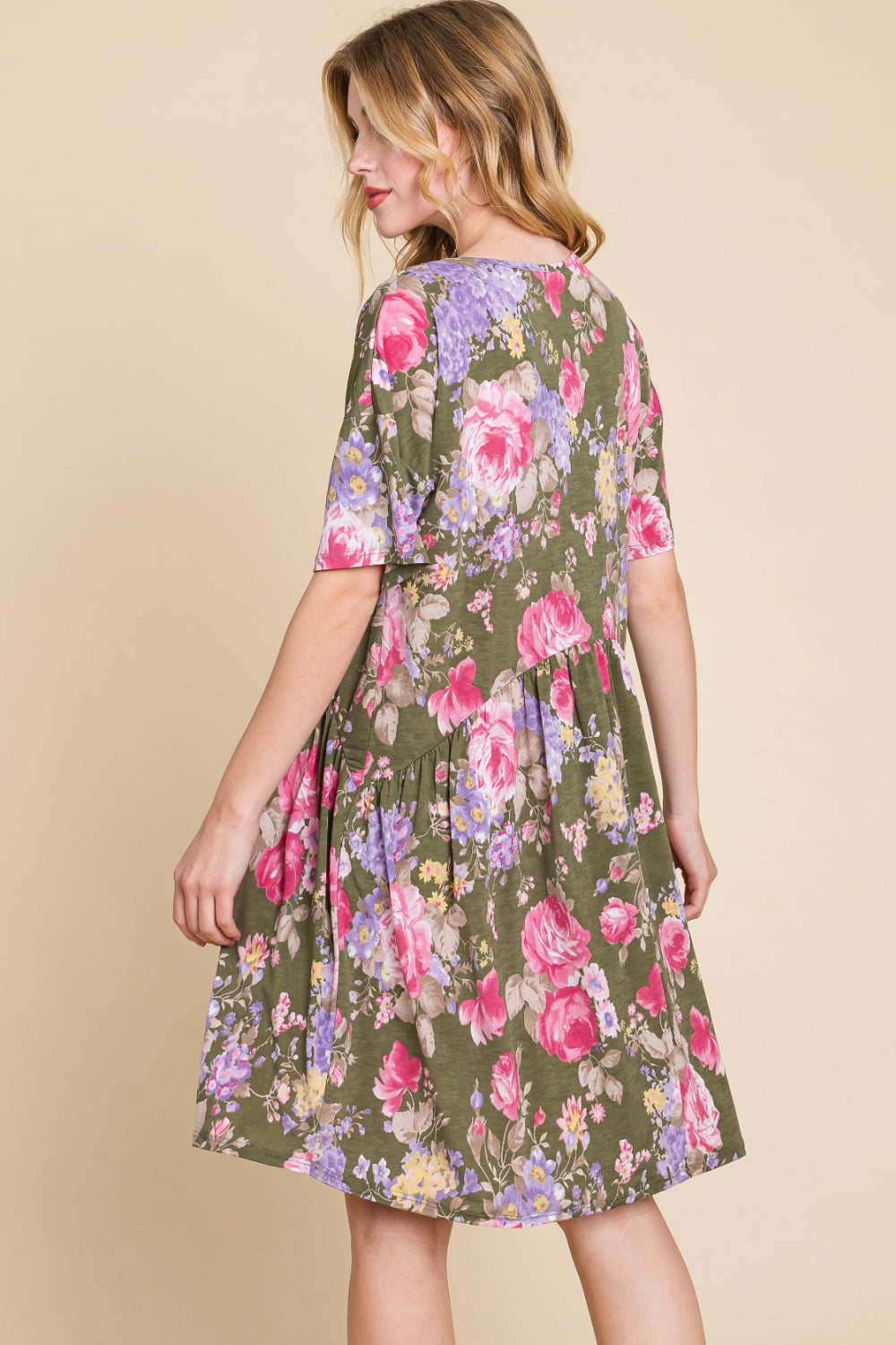 BOMBOM Flower Print V-Neck Ruched Dress-Teresa's Fashionista LLC