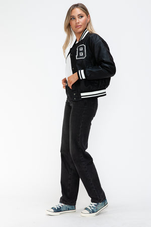 Love Me Now PU Leather Contrast Snap Down Bomber Jacket - Teresa's Fashionista LLC