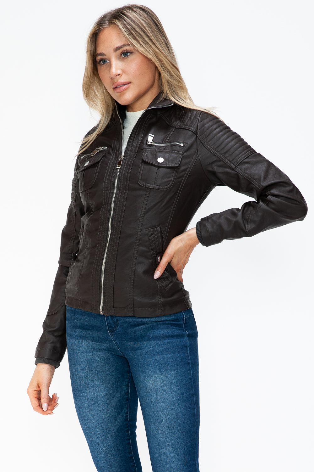 YMI Removable Faux Layered Multi-Pocket Jacket with Fuzzy Hood - Teresa's Fashionista LLC