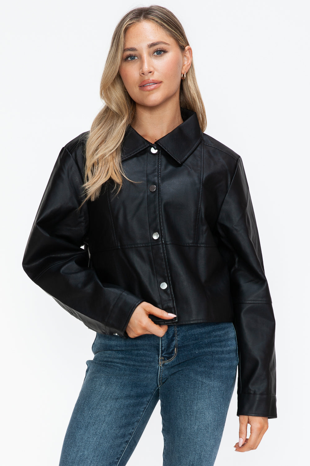Snobbish Snap Down Long Sleeve PU Leather Jacket - Teresa's Fashionista LLC