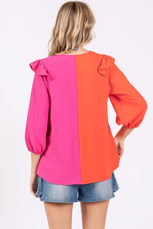 GeeGee Full Size Ruffle Trim Contrast Blouse-Teresa's Fashionista LLC
