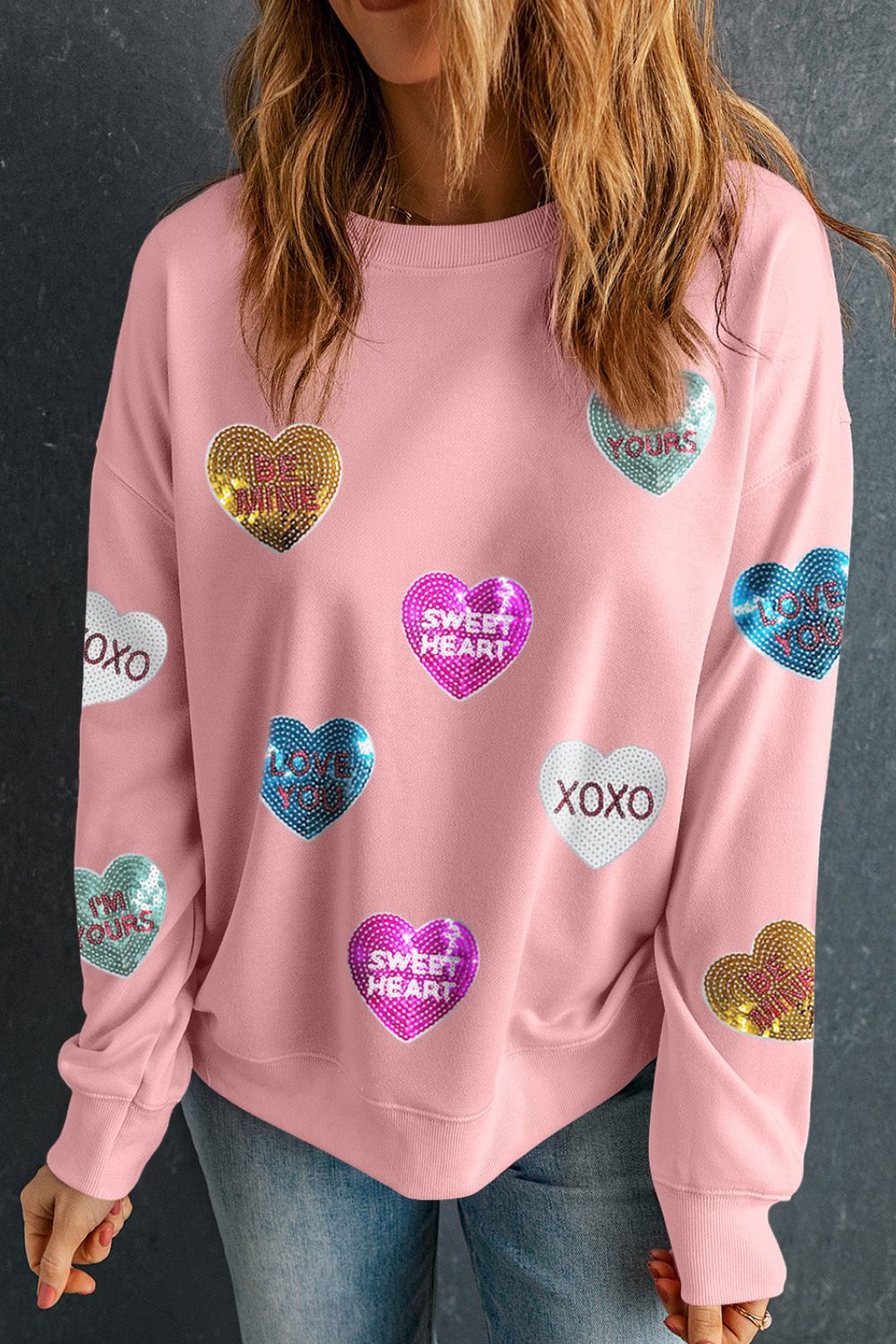Valentine’s Day Sequin Heart Round Neck Long Sleeve Sweatshirt - Teresa's Fashionista LLC