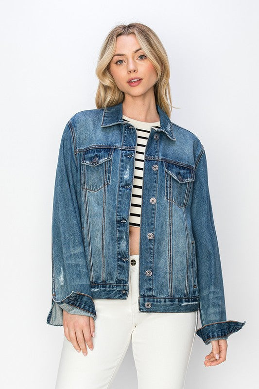 RISEN Full Size Distressed Button Up Jacket - Teresa's Fashionista LLC
