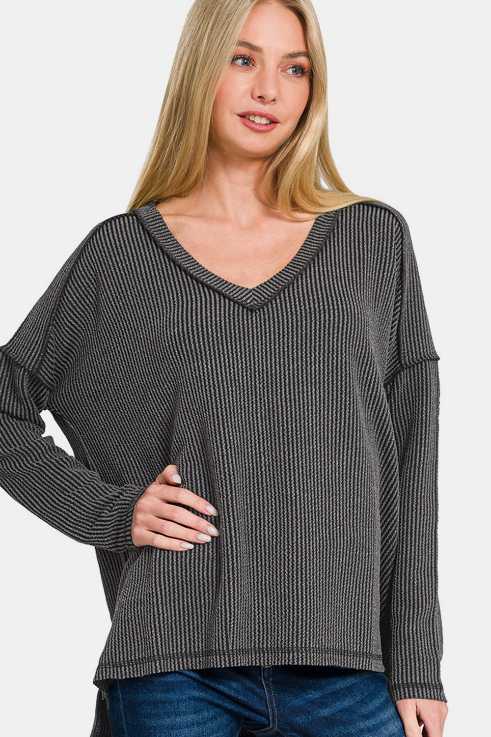 Zenana Texture Exposed Seam V-Neck Long Sleeve T-Shirt - Teresa's Fashionista LLC
