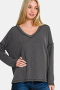 Zenana Texture Exposed Seam V-Neck Long Sleeve T-Shirt - Teresa's Fashionista LLC