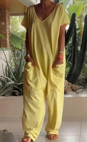 European And American Solid Color And V-neck Oversized Pocket Low-grade Jumpsuit - Teresa's Fashionista LLC