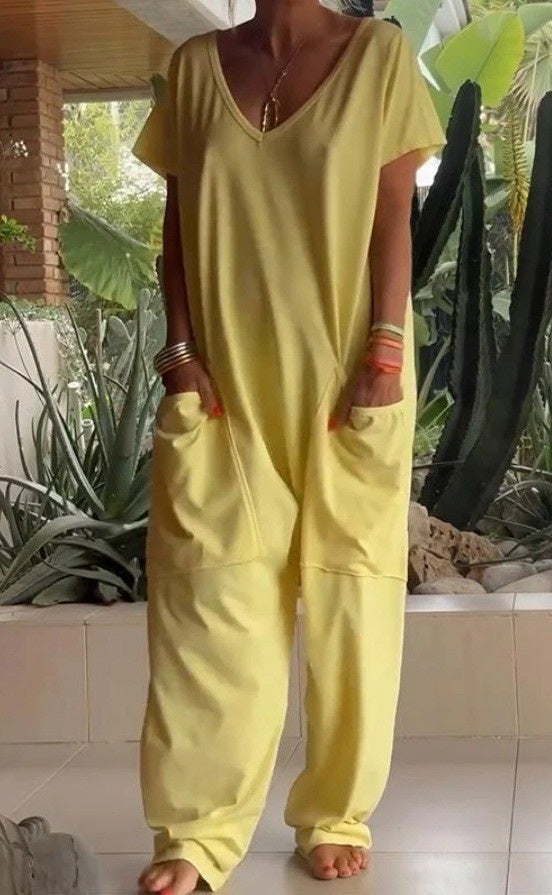 European And American Solid Color And V-neck Oversized Pocket Low-grade Jumpsuit - Teresa's Fashionista LLC