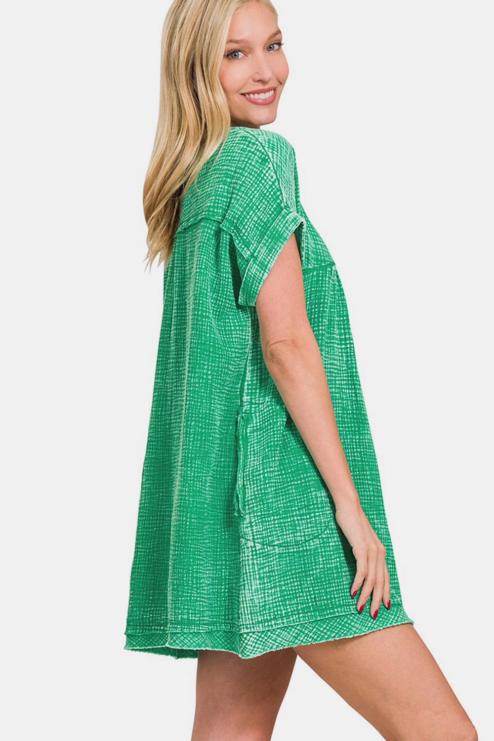Zenana Washed Notched Short Sleeve Mini Dress-Teresa's Fashionista LLC