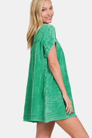 Zenana Washed Notched Short Sleeve Mini Dress-Teresa's Fashionista LLC