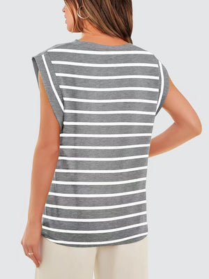 Striped Round Neck Cap Sleeve T-Shirt-Teresa's Fashionista LLC