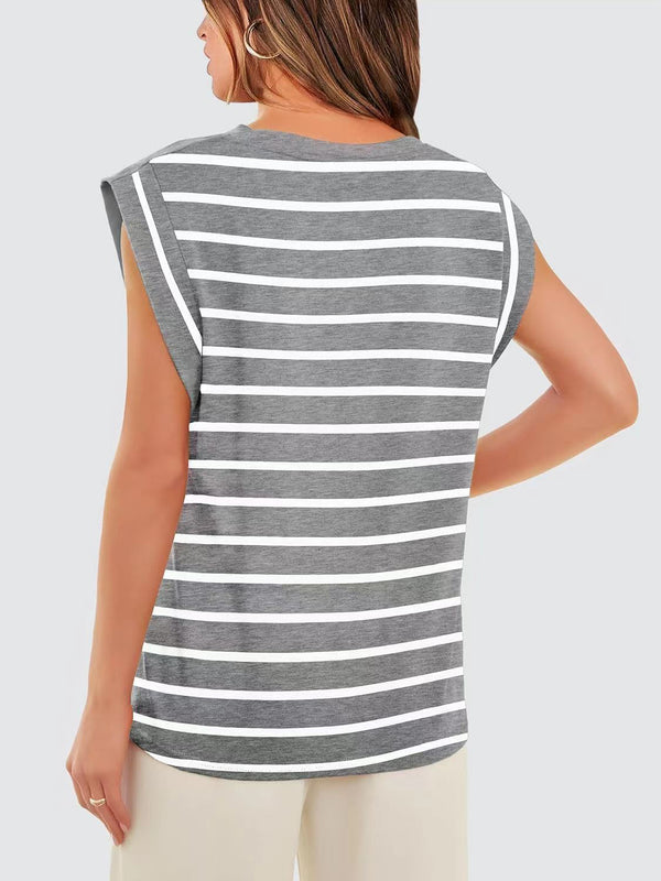 Striped Round Neck Cap Sleeve T-Shirt-Teresa's Fashionista LLC