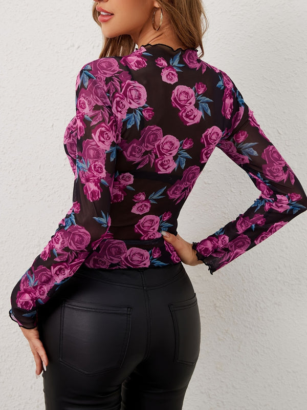 Floral Mock Neck Long Sleeve Top - Teresa's Fashionista LLC