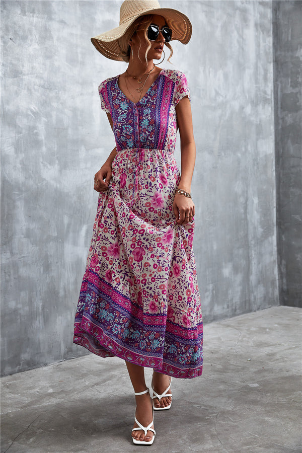 V-Neck Short Sleeve Printed Maxi Dress-Teresa's Fashionista LLC