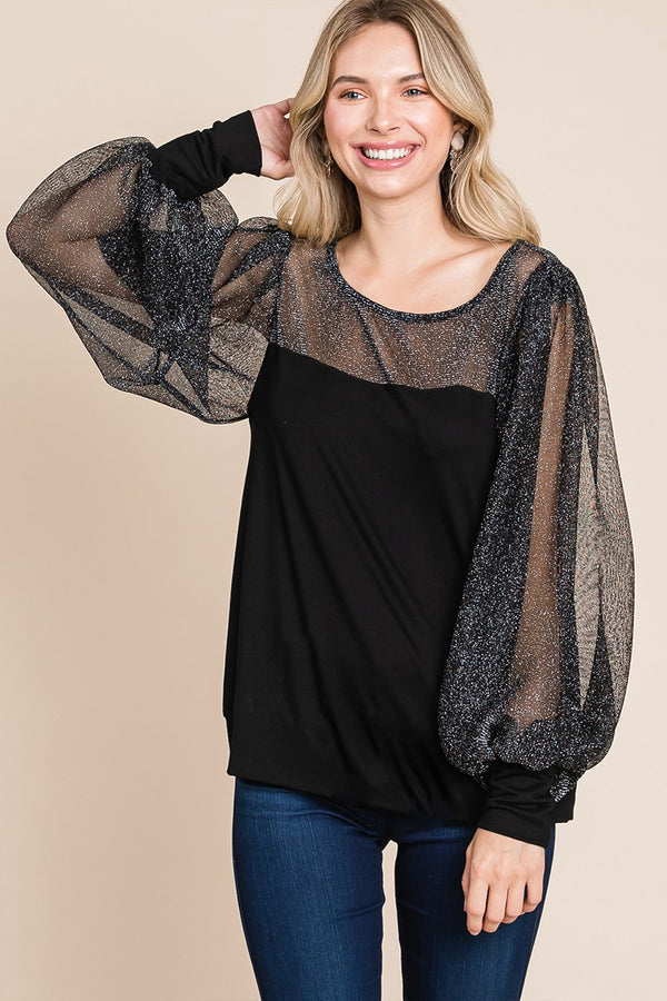 Super Lady Full Size Metallic Mesh Lantern Sleeve Blouse - Teresa's Fashionista LLC