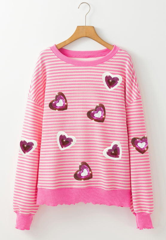 Valentine’s Day Sequin Heart Striped Round Neck Long Sleeve Sweatshirt - Teresa's Fashionista LLC