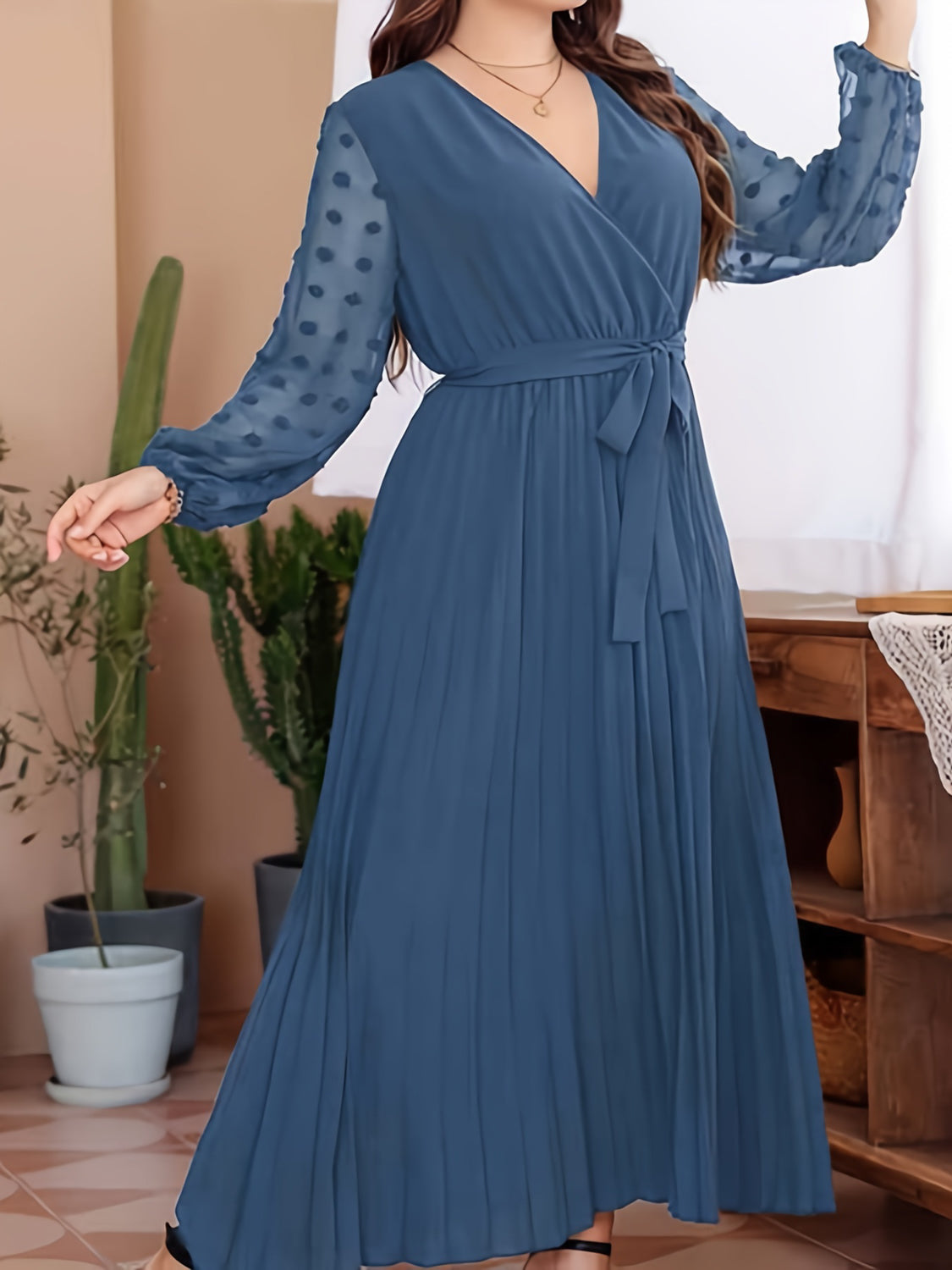 Plus Size Swiss Dot Tie Waist Maxi Dress-Teresa&#39;s Fashionista LLC
