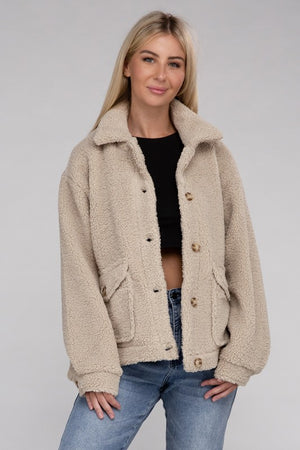 Cozy Sherpa Button-Front Jacket-Teresa's Fashionista LLC